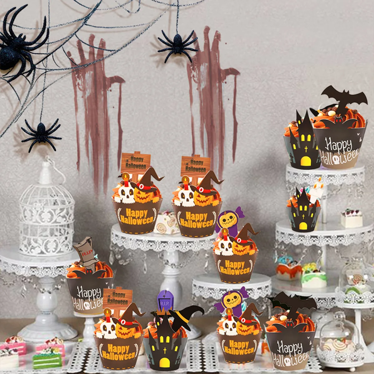 24PCS Halloween Party Cupcake Paper Cups Pumpkin Bat Zombie Tombstone Witch Castle Toppers Liners Disposable Baking Wrappers