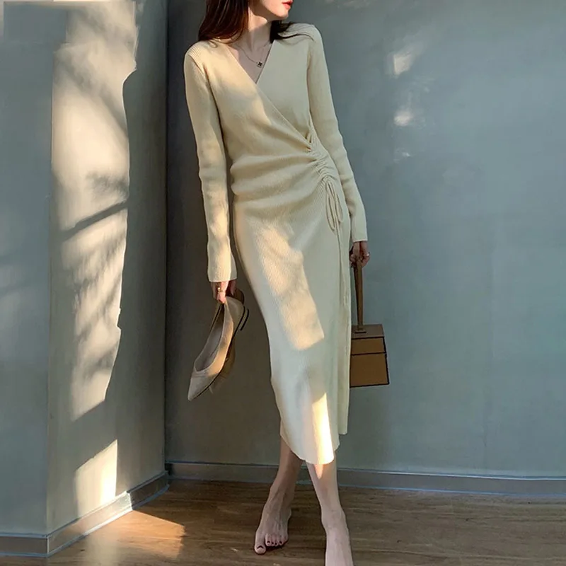 Women Shirring Bodycon Dress Pure Color Thick Warm V-Neck Drawstring Slit Knit Long Dresses Korean Elegant Slim Sweater Dress
Women Shirring Bodycon Dress Pure Color Thick Warm V-Neck Drawstring Slit Knit Long Dresses Korean Elegant Slim Sweater Dress