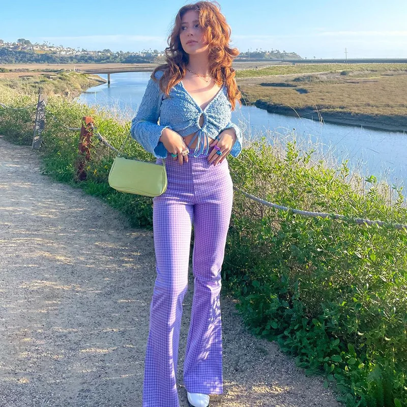 2021 Women Plaid Blue Slit Flare Pants Elastic Waist Splited Push Up Skinny Tight Elegant Streetwear Trousers Tide For Female
2021 Women Plaid Blue Slit Flare Pants Elastic Waist Splited Push Up Skinny Tight Elegant Streetwear Trousers Tide For Female
