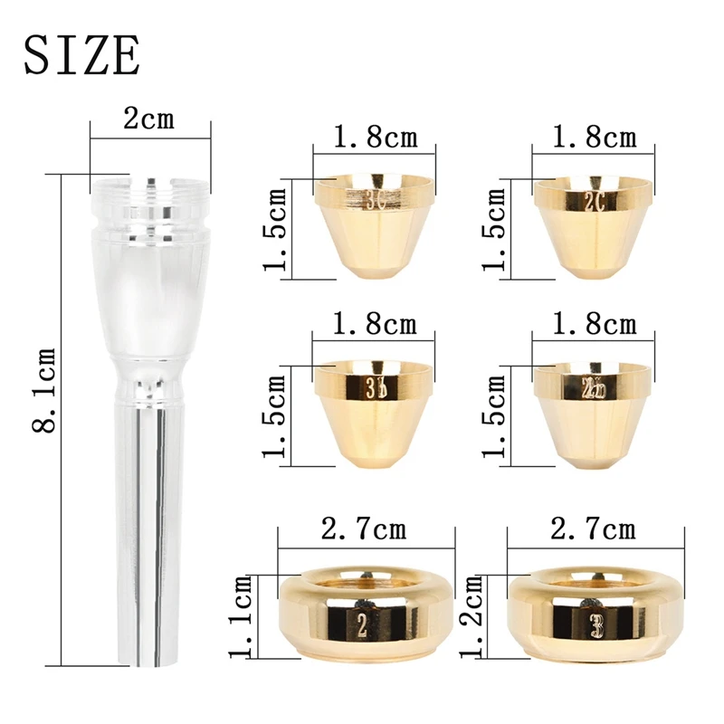 Brass Trumpet Mouthpiece Set 1-1/2C 3C 2B 3B Gold Plated Mouth Pieces Cups Replacement Musical Instruments Accessories
Brass Trumpet Mouthpiece Set 1-1/2C 3C 2B 3B Gold Plated Mouth Pieces Cups Replacement Musical Instruments Accessories