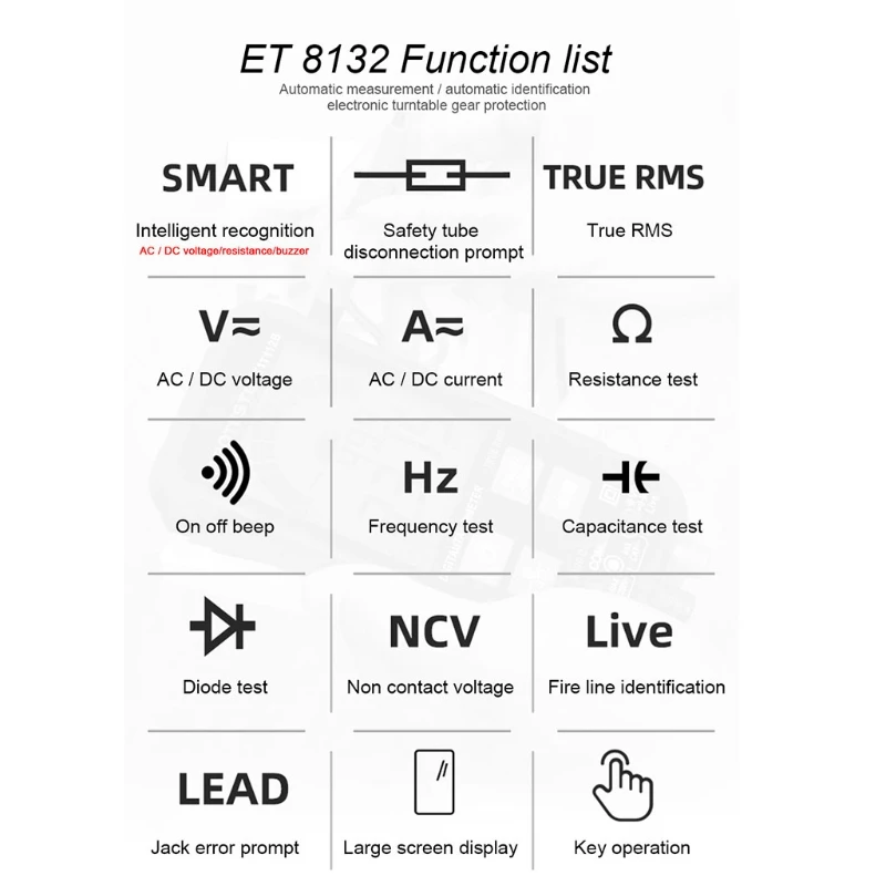 ET8132 Push-button Smart Digital Multimeter Automatic Recognition Auto Measurement Voltage Meter with LED Flashlight
ET8132 Push-button Smart Digital Multimeter Automatic Recognition Auto Measurement Voltage Meter with LED Flashlight