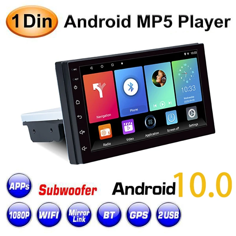 

1 DIN Android 10 автомобильный мультимедийный плеер, автомобильное стерео радио, 9 дюймов, регулируемый контактный экран, FM, GPS-навигация, MP5-плеер