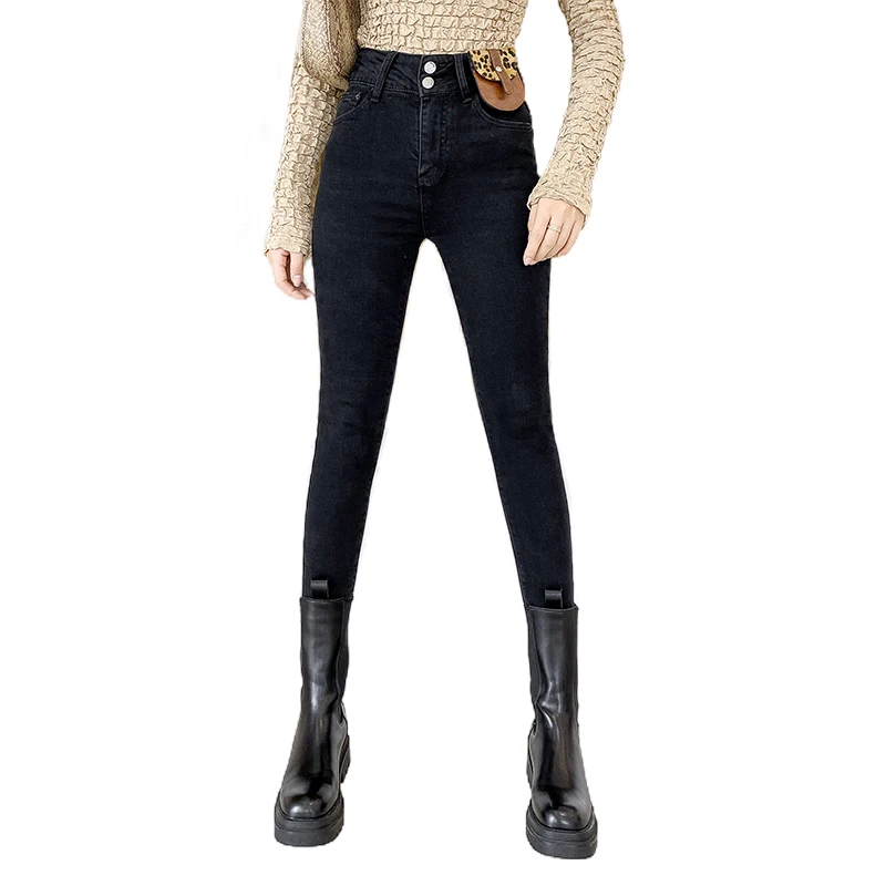 New Elegant Women Autumn Winter Plus Velvet Thick Jeans High Waist Two Button Fleece Denim Pants black
New Elegant Women Autumn Winter Plus Velvet Thick Jeans High Waist Two Button Fleece Denim Pants black