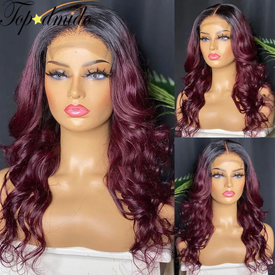 

Topodmido 13x4 Ombre 1B 99j Color Lace Front Wigs with Baby Hair Pre Plucked Brazilian Human Hair Wig Dark Red Glueless Lace Wig