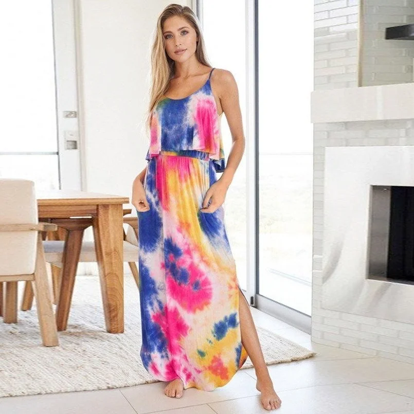 Tie Dye Maxi Long Dress Sling Women Big Size Loose Front Ruffle Dress With Slit Sukienka Gradient Color Dress Gathered Waist
Tie Dye Maxi Long Dress Sling Women Big Size Loose Front Ruffle Dress With Slit Sukienka Gradient Color Dress Gathered Waist