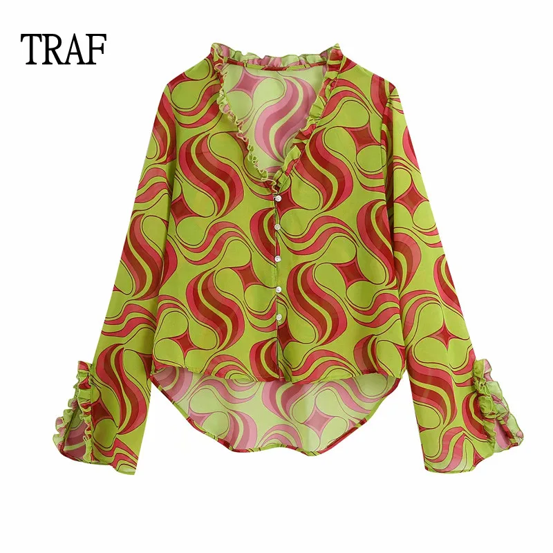 TRAF Women Blouse Za 2021 Green Print Long Sleeve Chiffon Shirt Vintage Ruffle Asymmetric Hem Chic Top Casual Summer Blouses
TRAF Women Blouse Za 2021 Green Print Long Sleeve Chiffon Shirt Vintage Ruffle Asymmetric Hem Chic Top Casual Summer Blouses