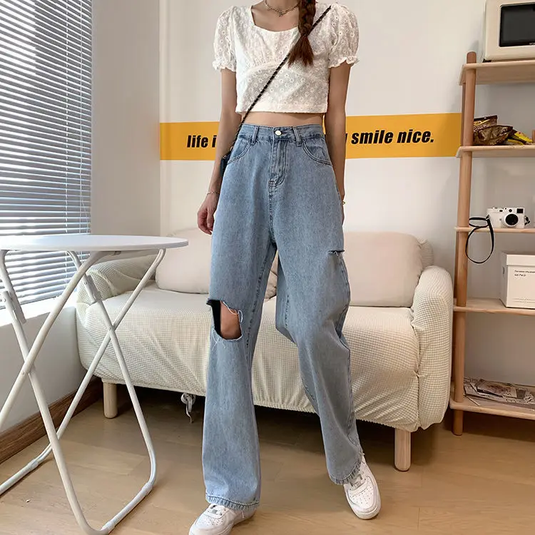 High waist, knee, big hole, wide leg jeans, women's straight tube, loose and thin