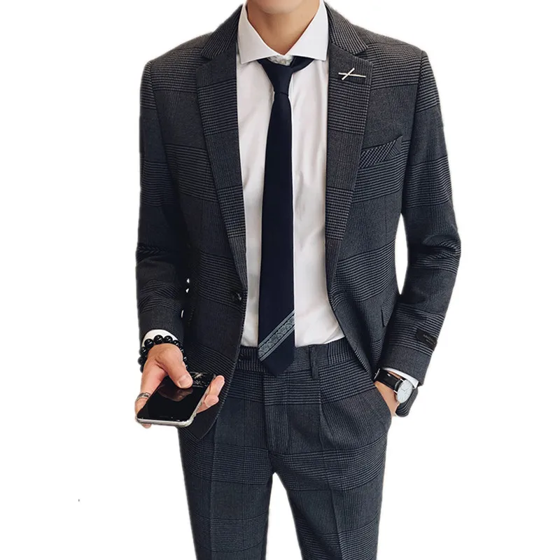 

British Style Slim Fit Houndstooth 2 Pcs Set Suit Jacket Pants Business Gentleman Boutique High End Men's Blazers Coat Trousers