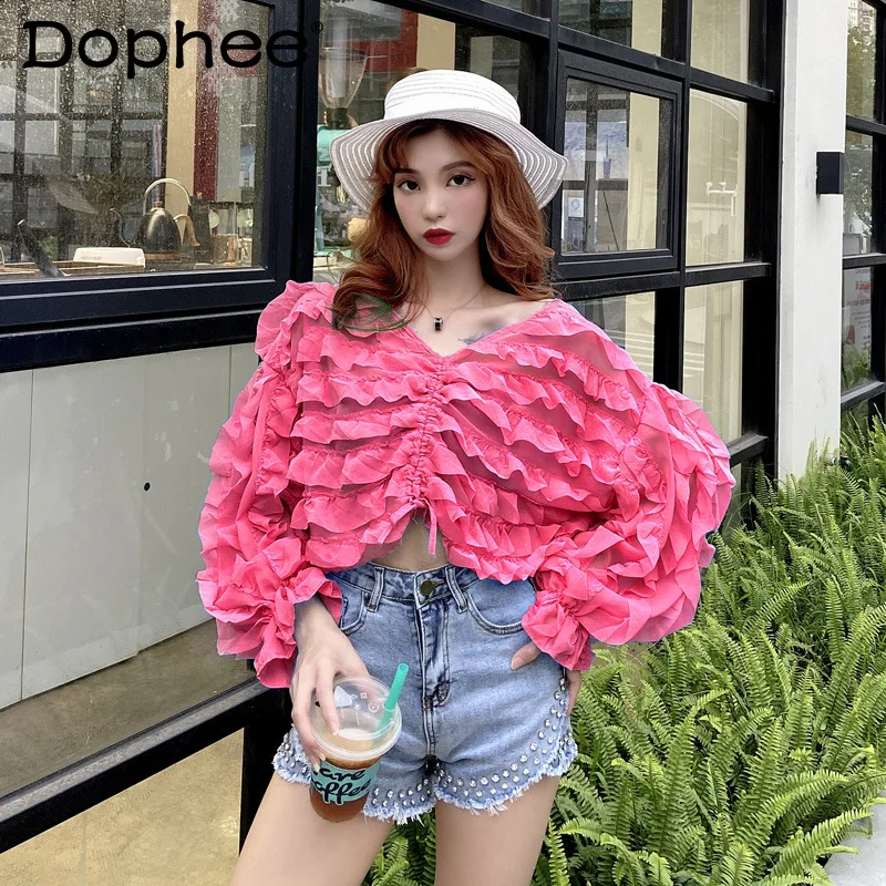 Spring and Autumn Sweet Lotus Leaf Stitching Sexy V-neck Shirt Women's Drawstring Batwing Sleeve Loose Chiffon Blouse Crop Tops
Spring and Autumn Sweet Lotus Leaf Stitching Sexy V-neck Shirt Women's Drawstring Batwing Sleeve Loose Chiffon Blouse Crop Tops