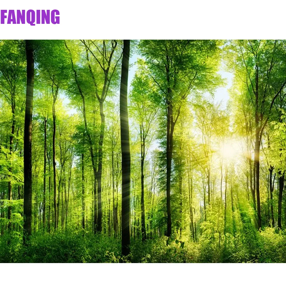 

5d алмазная живопись «сделай сам», лес, зеленые деревья, солнечный свет, природный пейзаж, полный квадратный круглый стразы, Набор для вышивк...