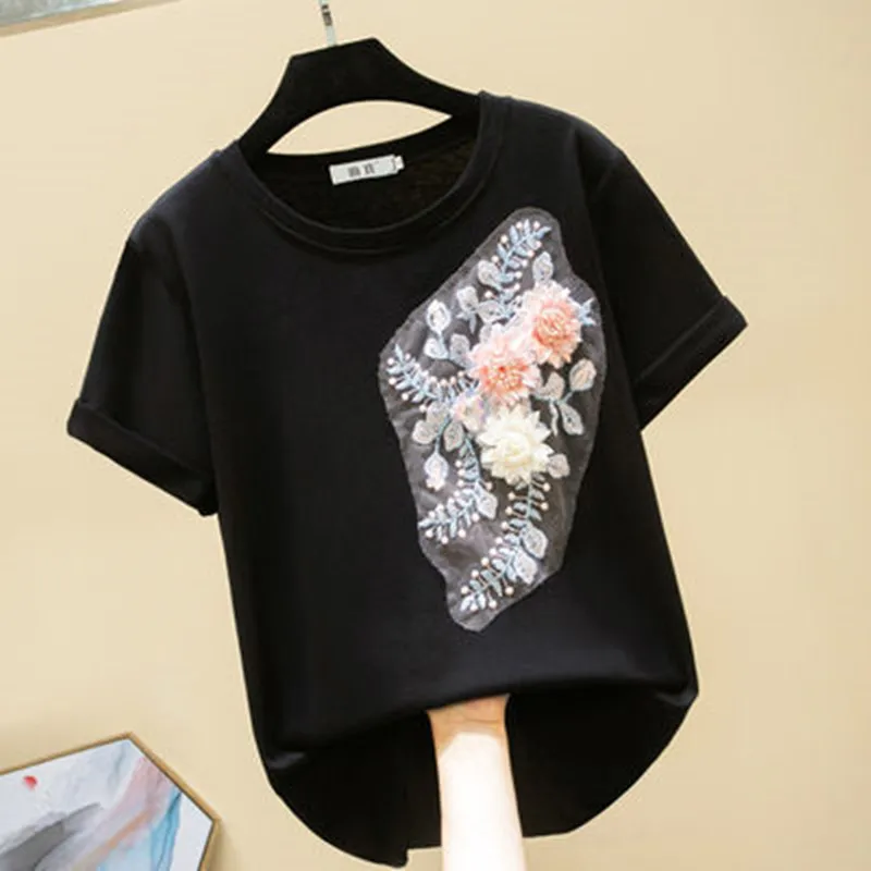 Elegant Women T Shirt Luxurious Fashion Embroidery Lace Flower Femme Tops O Neck Loose Casual T-shirt Plus Size
Elegant Women T Shirt Luxurious Fashion Embroidery Lace Flower Femme Tops O Neck Loose Casual T-shirt Plus Size