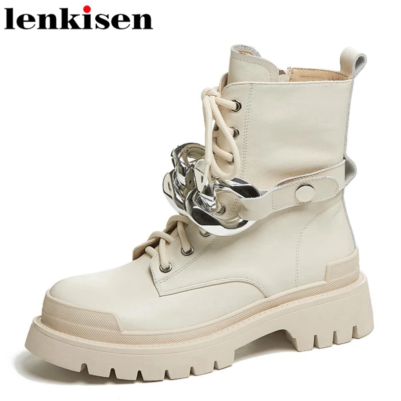 Повседневная Уличная обувь Lenkisen с перекрестной шнуровкой из натуральной кожи, Зимние полусапожки с круглым носком и металлическими пугови... 
Повседневная Уличная обувь Lenkisen с перекрестной шнуровкой из натуральной кожи, Зимние полусапожки с круглым носком и металлическими пугови...