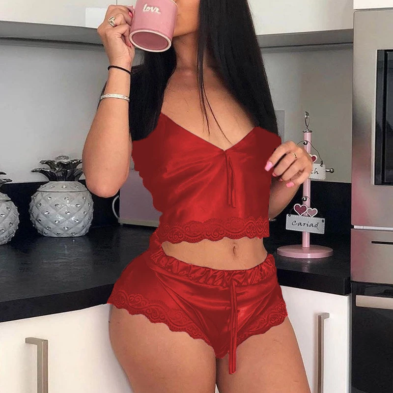 S-2XL 3 Colors V-Neck Two-Piece Lace Satin Silk Sleeveless Pajama Set Comfortable Women Shorts Sleepwear
S-2XL 3 Colors V-Neck Two-Piece Lace Satin Silk Sleeveless Pajama Set Comfortable Women Shorts Sleepwear