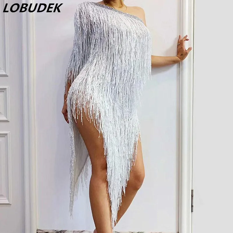 Single Shoulder White Fringes Shiny Rhinestones Dress Sexy Women Birthday Celebration Tassels Dress Nightclub Party One Piece
Single Shoulder White Fringes Shiny Rhinestones Dress Sexy Women Birthday Celebration Tassels Dress Nightclub Party One Piece