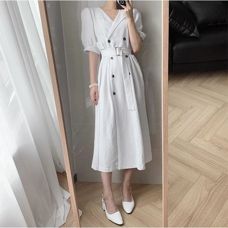 Women Elegant Korean Office Dress Summer Vintage Lapel Double-breasted Midi Dresses with Belt Ladies Fashion Casual Long Robe
Women Elegant Korean Office Dress Summer Vintage Lapel Double-breasted Midi Dresses with Belt Ladies Fashion Casual Long Robe
