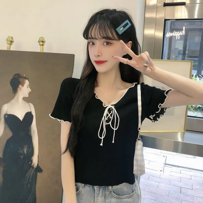 2021 Summer New Short Sleeve T-shirt Slim Short Knitwear Sweet And Versatile Solid Color Bandage Top
2021 Summer New Short Sleeve T-shirt Slim Short Knitwear Sweet And Versatile Solid Color Bandage Top
