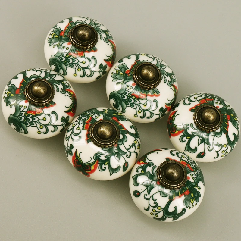 

6PCS Vintage Ceramic Round Knob Butterfly Printed Kitchen Cabinet Cupboard Door Knobs Dressser Wardrobe and Drawer Pull