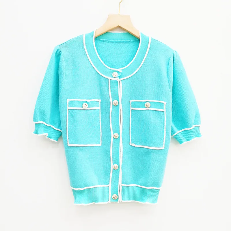 2021 Summer New Korean Dongdaemun Color Matching Pocket Curling Collar Ice Silk Simple Knitted Cardigan Sweater Women's Clothing
2021 Summer New Korean Dongdaemun Color Matching Pocket Curling Collar Ice Silk Simple Knitted Cardigan Sweater Women's Clothing