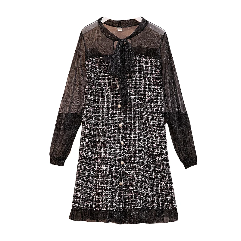 4XL large size women fat sister Autumn waist dress tweed stitching | Женская одежда