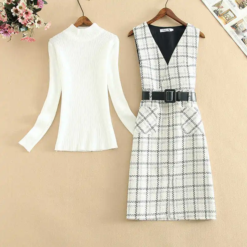 2021 Autumn Winter Women Sweater 2 Pcs Set Soft Solid Knitwear Pullover+Tweed Blend Plaid Knee-Length Dress with Belt Suit Z113
2021 Autumn Winter Women Sweater 2 Pcs Set Soft Solid Knitwear Pullover+Tweed Blend Plaid Knee-Length Dress with Belt Suit Z113