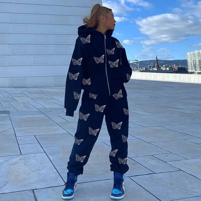 Butterfly Diamond Black Two Piece Set Women Pant Suits Zip Up Hood Jacket + Sweatpants Pink Tracksuits White Pants Sets
Butterfly Diamond Black Two Piece Set Women Pant Suits Zip Up Hood Jacket + Sweatpants Pink Tracksuits White Pants Sets