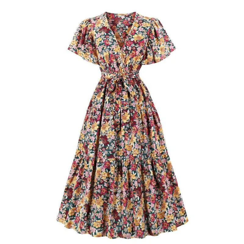 2021 Spring And Autumn New Women's V-neck Floral Trumpet Sleeve Dress Small Fresh Temperament Waist Retro Long Skirt
2021 Spring And Autumn New Women's V-neck Floral Trumpet Sleeve Dress Small Fresh Temperament Waist Retro Long Skirt