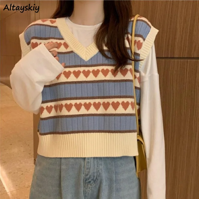 

Sweet Heart Sweater Vest Women Short Sleeveless Jumper Student Stretch Knitwear V-neck All-match Preppy Spliced Sweaters Ulzzang