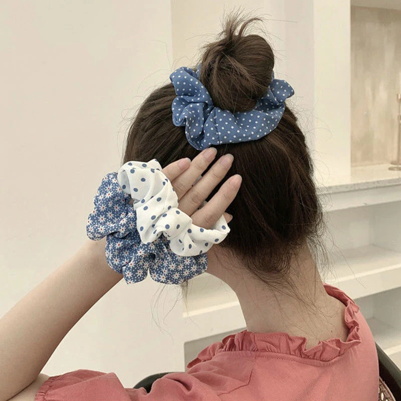 

1PC Blue Series Scrunchies Ponytail Holder Polka Dot Plaid Daisy Print Hair Rope Elastic Hair Rubber Band Stretchy Hair Ties