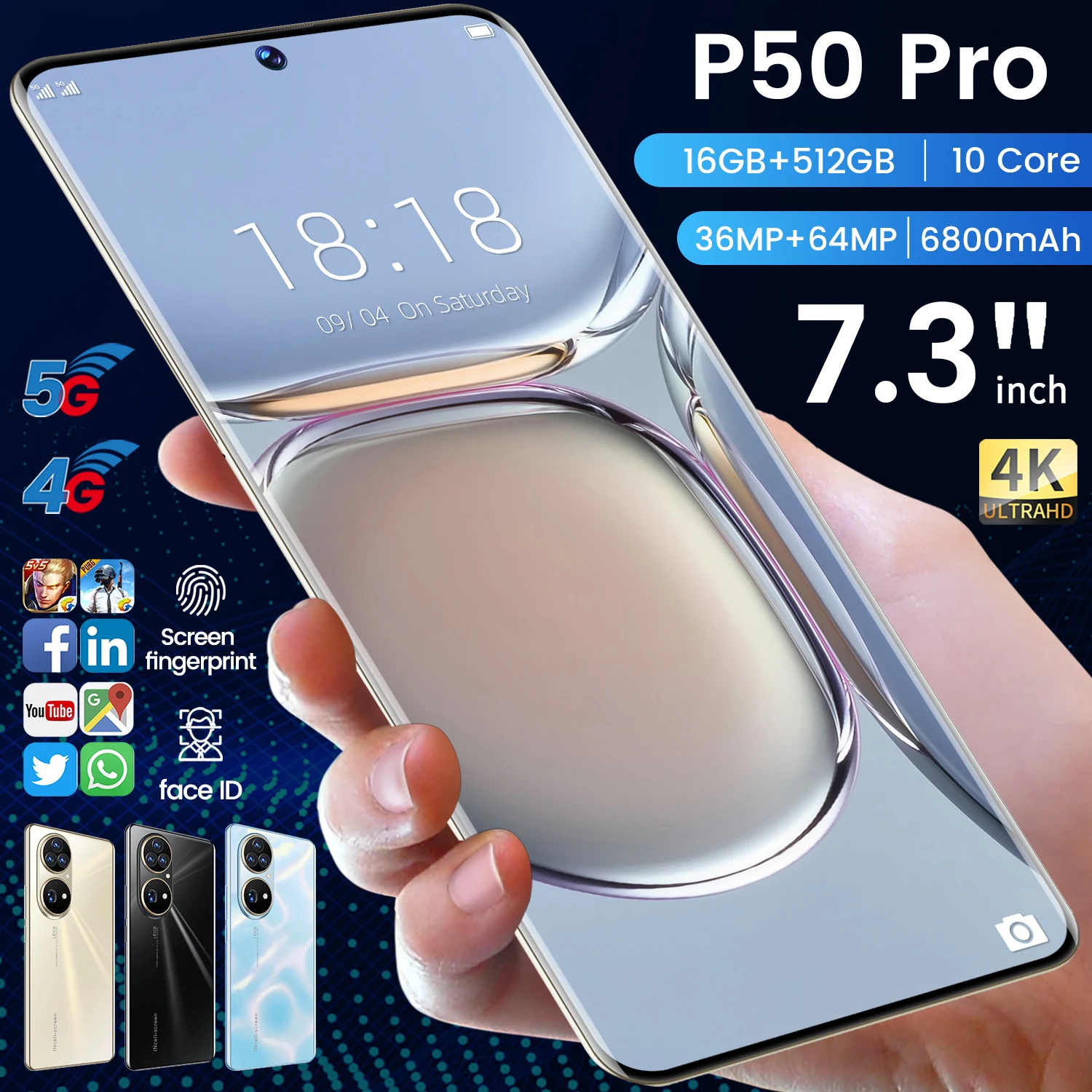 Global 5G P50 Pro New Arrival 7.3Inch Large Screen 6800mAh Battery Qualcomm 888 16+512GB Face ID 36MP+64MP 10Core Dual SIM Card
Global 5G P50 Pro New Arrival 7.3Inch Large Screen 6800mAh Battery Qualcomm 888 16+512GB Face ID 36MP+64MP 10Core Dual SIM Card