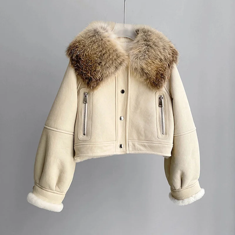 SHZQ Natural Real Sheep Double-faced Fur Women Coat Winter Short Length Jacket with Overszied Genuine Fox Fur Collar Thick Warm
SHZQ Natural Real Sheep Double-faced Fur Women Coat Winter Short Length Jacket with Overszied Genuine Fox Fur Collar Thick Warm