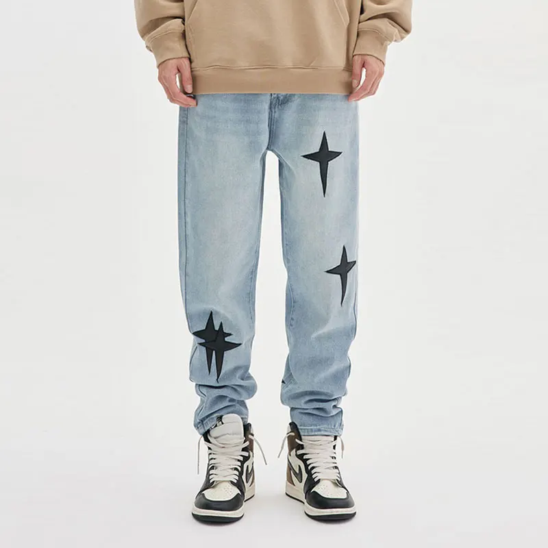 Street Style Fashion Men Jeans Retro Light Blue Straight Fit Star Leather Patches Designer Jeans Men Hip Hop Casual Denim Pants
Street Style Fashion Men Jeans Retro Light Blue Straight Fit Star Leather Patches Designer Jeans Men Hip Hop Casual Denim Pants