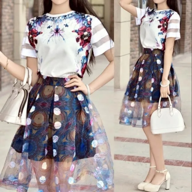Summer Korean Style Women 2 Piece Skirt Sets Elegant Print Mesh Two Piece Sets Vintage Mesh Set Female
Summer Korean Style Women 2 Piece Skirt Sets Elegant Print Mesh Two Piece Sets Vintage Mesh Set Female