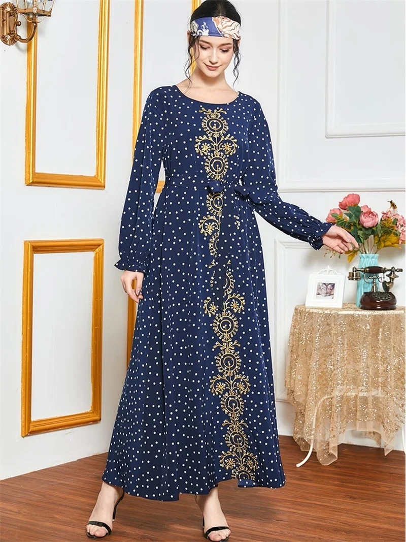 Polka Dot Turkey Dubai Arabic Dress Women Long Sleeve Elegant Ethnic Golden Thread Embroidery Maxi Dresses Moroccan Kaftan Gown
Polka Dot Turkey Dubai Arabic Dress Women Long Sleeve Elegant Ethnic Golden Thread Embroidery Maxi Dresses Moroccan Kaftan Gown