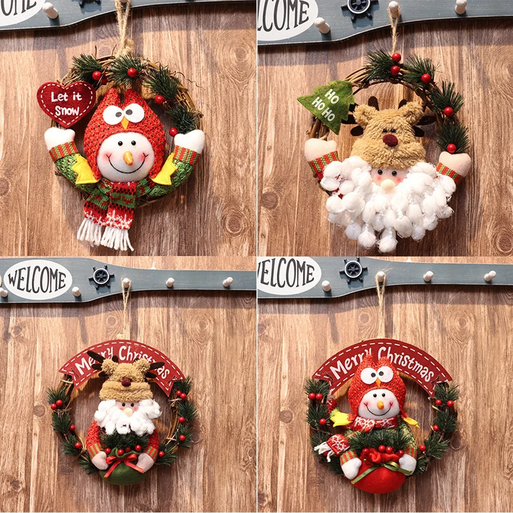 

2022 Merry Christmas Garland Wreath Decor Wall Hanging Door Santa Claus Elk Snowman Ornaments Xmas Pendant Decor For Home