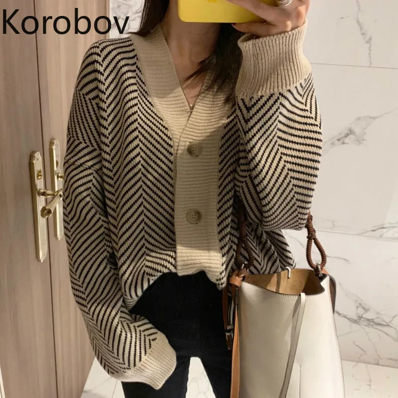 Korobov Harajuku полосатый осенне-зимний женский кардиган корейский v-образный вырез
