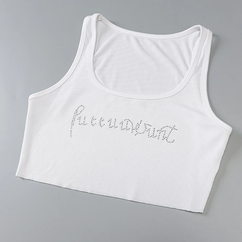 Women White Sleeveless Cropped Tank Top Shiny Hot Drill Rhinestone Letters Mini Vest Ribbed Knitted Slim Fit Racerback M7DD
Women White Sleeveless Cropped Tank Top Shiny Hot Drill Rhinestone Letters Mini Vest Ribbed Knitted Slim Fit Racerback M7DD