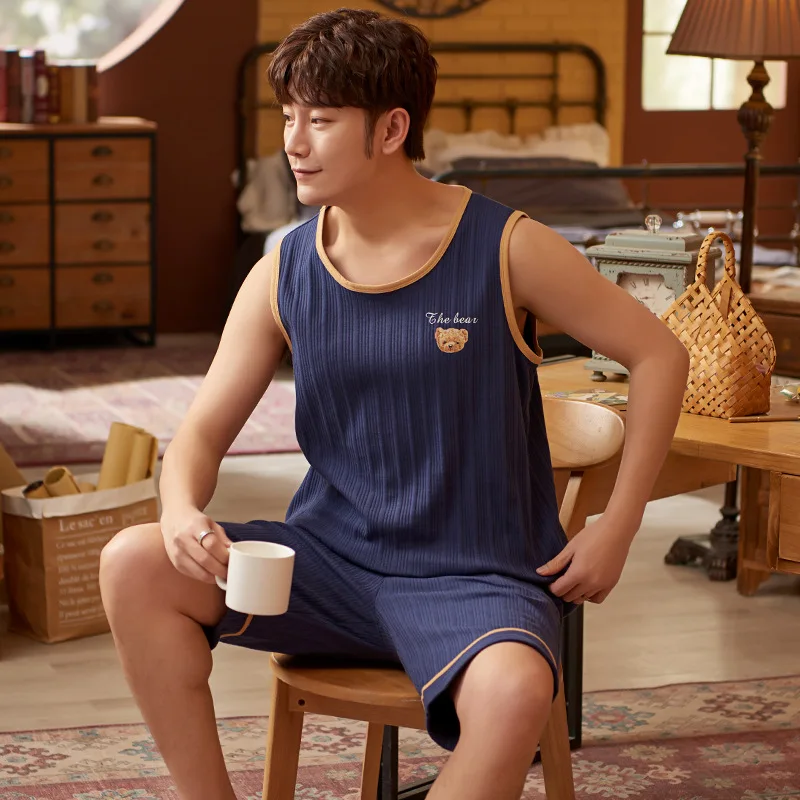 Pajamas Men's Summer Cotton Vest Youth Sleeveless Thank You Cartoon Thin Home Suit pijama hombre verano