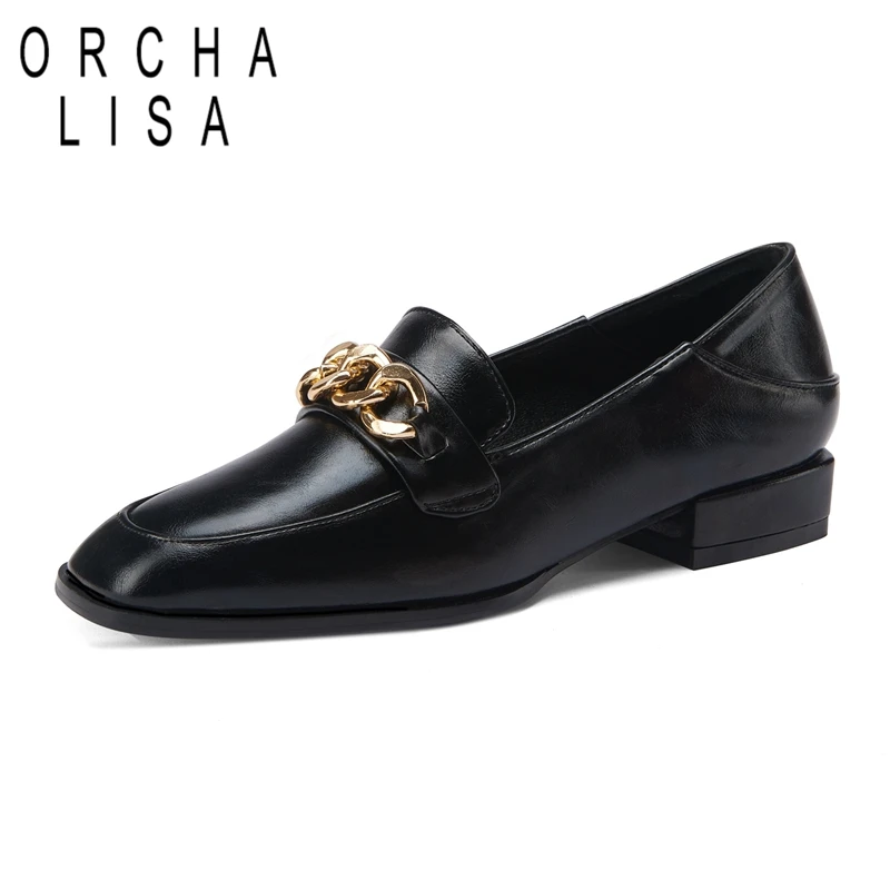 

ORCHALISA Luxury Design Slip on Outside Brand Chain British shoes Flat Square toe Spring summer Single shoes Work Female Cool