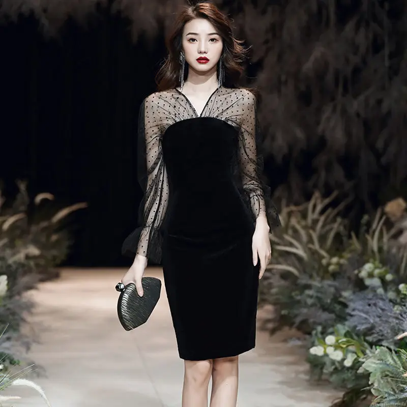 Women Mesh Dress Long Sleeve With Lace Elegant V Neck Black Puff Sleeve Office Lady Vestidos Party Patchwork Golden Velvet Robe
Women Mesh Dress Long Sleeve With Lace Elegant V Neck Black Puff Sleeve Office Lady Vestidos Party Patchwork Golden Velvet Robe