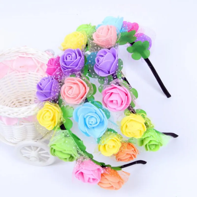 

2022 Children Princess Colorful Flower Headband Women Girl Floral Garland Hairband Bridal Hair Accessories Wedding Party Favor