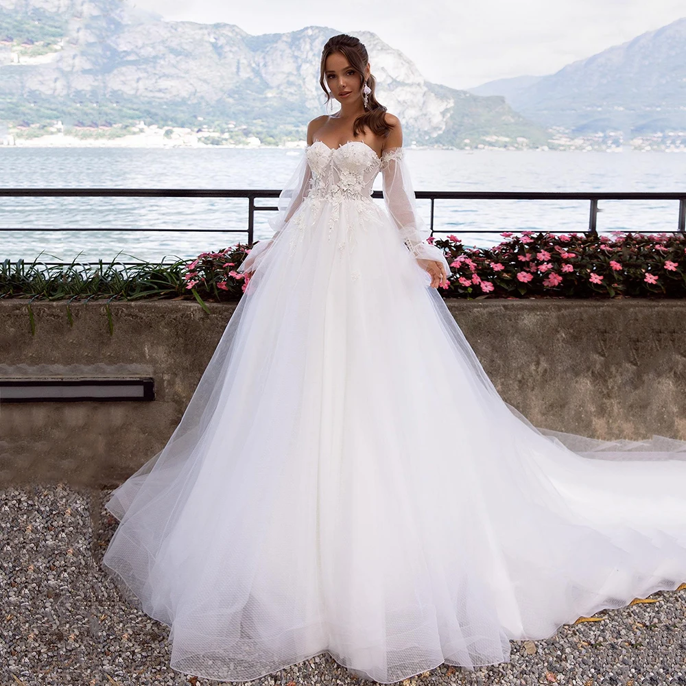 Simple White Strapless Wedding Dress For Bride Detachable Illusion Tulle Full Sleeves Ball Gown Bridal Party Formal Vestidos
Simple White Strapless Wedding Dress For Bride Detachable Illusion Tulle Full Sleeves Ball Gown Bridal Party Formal Vestidos