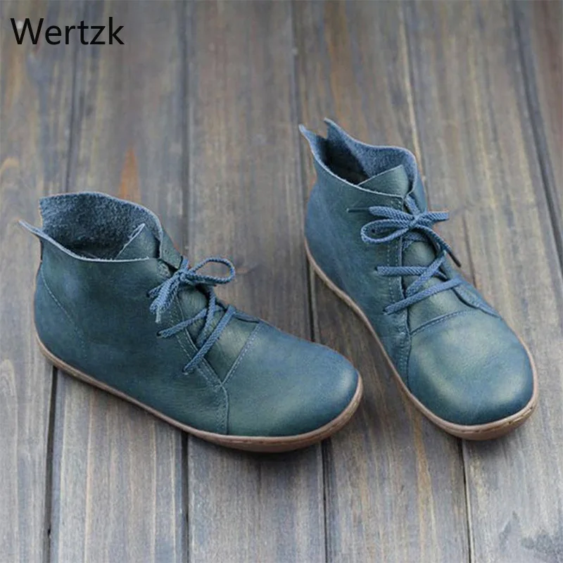 2020 Women Genuine Leather Ankle Boots Ladies Retro Shoes Woman Flats Lace Up Lightweight Soft Bottom Sewing Women's A721 | Обувь