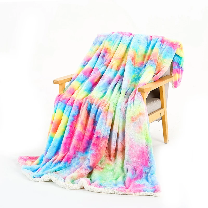 

Пушистое пушистое Двухслойное одеяло из 100% полиэстера, одеяло радужного цвета из искусственного меха, зимнее домашнее украшение для дивана...