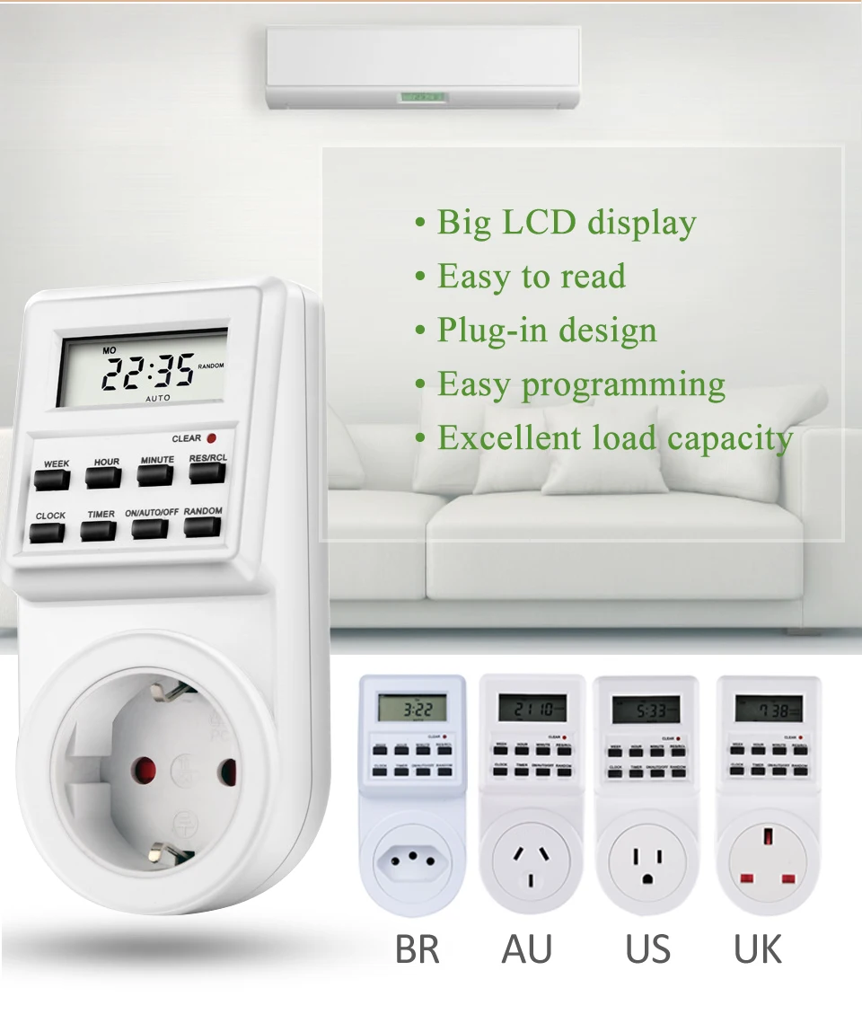 Kitchen Timer Outlet EU UK US AU BR Plug Digital Weekly Programmable Electrical Wall Plug-in Power Socket Timer Switch Outlet
Kitchen Timer Outlet EU UK US AU BR Plug Digital Weekly Programmable Electrical Wall Plug-in Power Socket Timer Switch Outlet