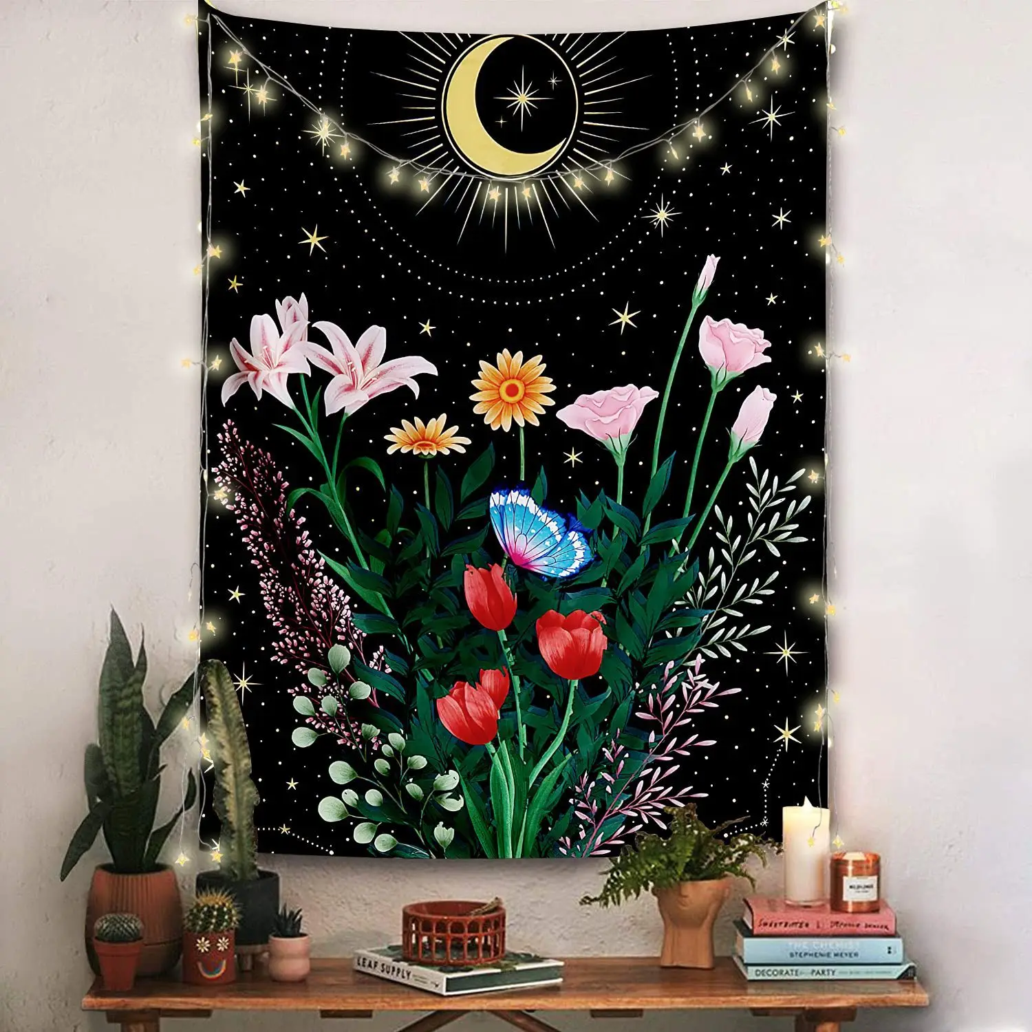 

Настенный гобелен с изображением цветов, Луны, бабочки, милый Декор для спальни, подвесной фон, ткань для фотографирования, гобелены хиппи с ...