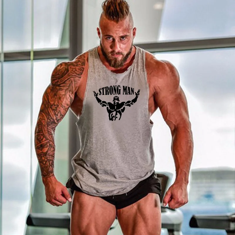 new summer fitness men's running vest gym training sleeveless T-shirt strap high quality cotton printed shirt sports | Спорт и