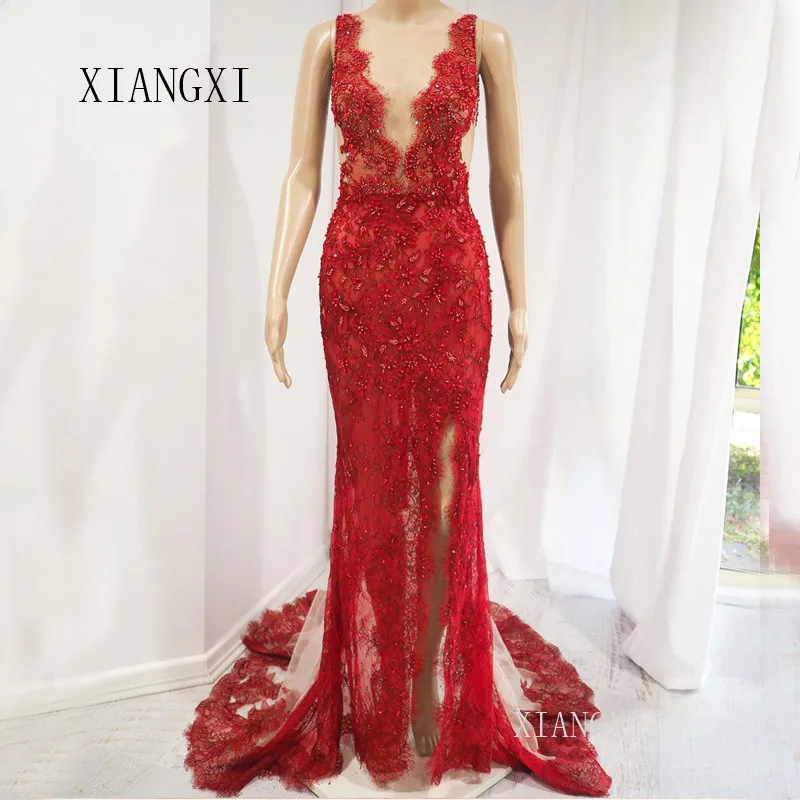 Vestidos Red Mermaid Evening Dress 2020 Deep V-Neck Sleeveless High Split See Through Long Evening Dresses Robe de soiree
Vestidos Red Mermaid Evening Dress 2020 Deep V-Neck Sleeveless High Split See Through Long Evening Dresses Robe de soiree