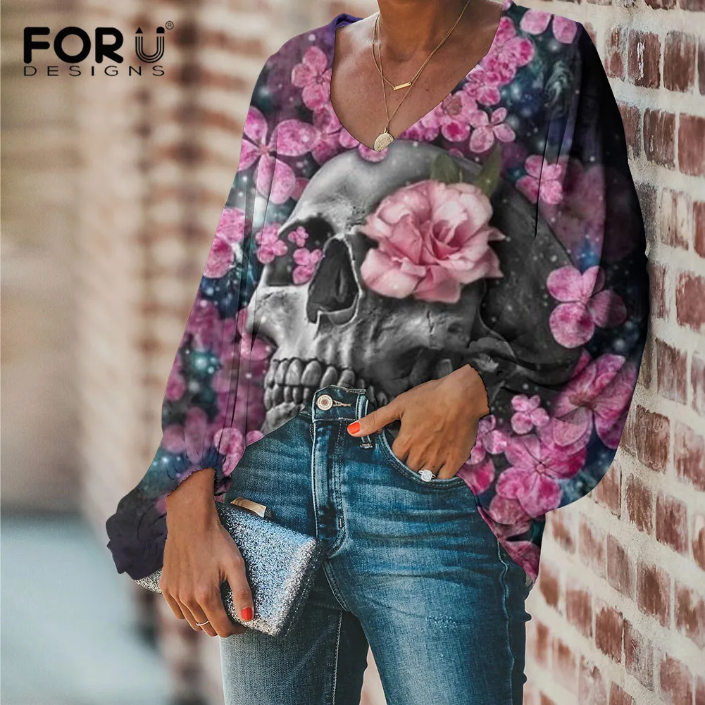 FORUDESIGNS Cool Skull Floral Pattern Women's Long Sleeve Chiffon Shirt Female V-neck Shirts Women's Loose Tops Lady Clothing
FORUDESIGNS Cool Skull Floral Pattern Women's Long Sleeve Chiffon Shirt Female V-neck Shirts Women's Loose Tops Lady Clothing