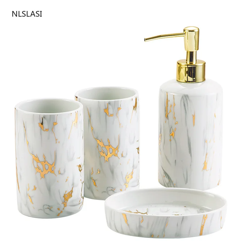 Nordic Ceramic Four-piece suit Golden Marble Stripes Soap Dispenser Gargle Cup Toothbrush Holder Bathroom Decoration Accessories
Nordic Ceramic Four-piece suit Golden Marble Stripes Soap Dispenser Gargle Cup Toothbrush Holder Bathroom Decoration Accessories