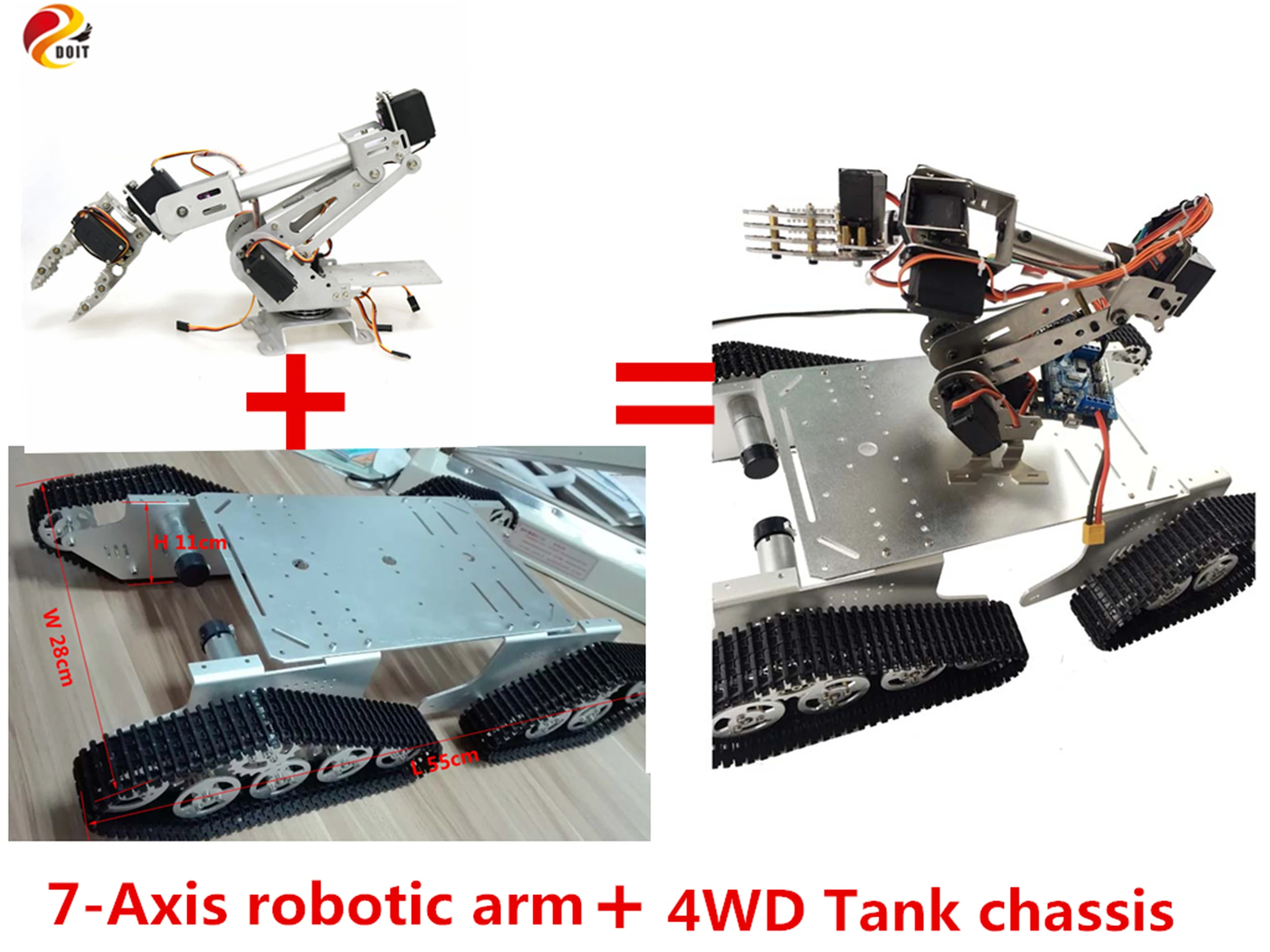 

SZDOIT Full Metal 7DOF Vehicle Robot 7-Axis Robotic Arm with Gripper+ 4WD Tracked Tank Chassis Kit Servos Motors DIY for Arduino